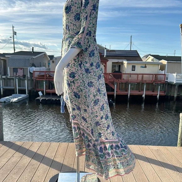 Blue and White Ruffled Midi Sundress with Plunge Neckline - Picture 10 of 16